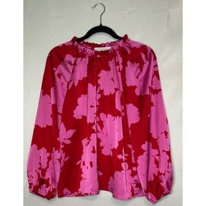 SugarLips Red Pink Floral Blouse Long Sleeve Ruffle XS Romantic Feminine Top